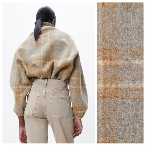 NWT. Zara Tan/Grey Wool Blend Plaid Sweatshirt. Size L. - Picture 6 of 14